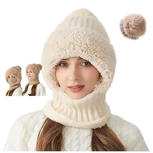 LONGTO Voalsz 3-in-1-Winter-Sturmhaube für Damen, Choosemuc Damen Outdoor-Winddichte Schalmütze, 3-in-1 kältebeständige Mütze, elastische warme Gehörschutz-Strickmütze (Beige) von LONGTO