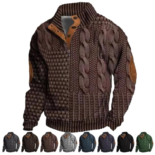 LONGTO Whitecloths Life Clothing Herrenpullover, Herren-Sweatshirt mit lässigem Retro-Druck, Stehkragen und Knöpfen, Herren-Sweatshirt mit Vintage-Strickdruck und Reißverschluss (Red Brown,5XL) von LONGTO