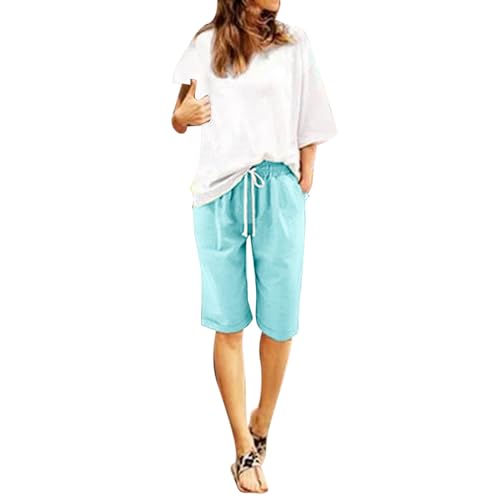 Bermuda Shorts Damen Knielang -Kurze Hose Damen Sommer -Sommershort Damen Leicht Strandshorts Bequem Sporthose Kurz Laufshorts Jogginghose mit Elastischer Bund und Taschen Damenshorts für Frauen von LOSSLO