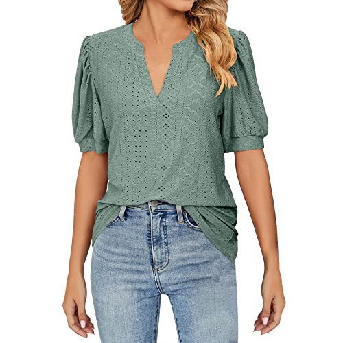 Bluse Damen Elegant ,V-Ausschnitte Blusenshirt Damen Kurzarm,Oberteile Damen Sommer mit Puffärmel Atmungsaktiv Longshirt Flowy Tunika Business Blusen Casual Tops Tshirt Blusen & Tuniken für Frauen von LOSSLO