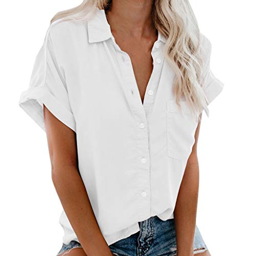 Bluse Damen Kurzarm,Knopfleiste Hemd Damen Sommer mit Rundkragen- Business Blusenshirt Elegant V-Ausschnitte Hemdbluse Damenblusen Einfarbig Locker Tunika Oberteile Tops Tshirt Freizeit Office von LOSSLO