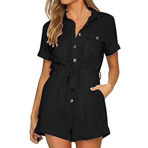 Jumpsuit Damen Sommer,Latzhose Damen Kurz,Overall Damen Kurzarm Knopfleiste Playsuit Lose Einteiler Baggy Arbeitshose Locker Romper Hosenanzug Elegant Sommerhose Shorts mit Taschen und Gürtel von LOSSLO