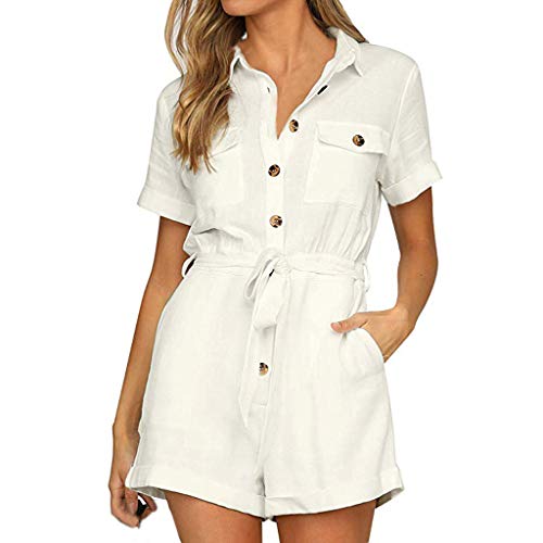 Jumpsuit Damen Sommer,Latzhose Damen Kurz,Overall Damen Kurzarm Knopfleiste Playsuit Lose Einteiler Baggy Arbeitshose Locker Romper Hosenanzug Elegant Sommerhose Shorts mit Taschen und Gürtel von LOSSLO