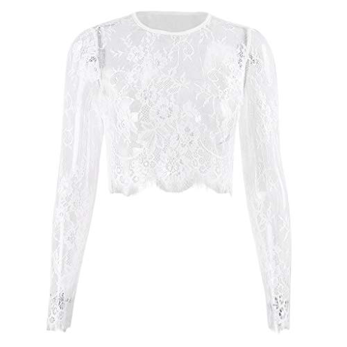 LOSSLO Mesh Oberteil Damen,Mesh Top Langarm Spitzen Netzoberteil Sexy Crop Tops mit Spitze Transparent Netsztoff Tüll Langarmshirt Kurz Netzshirt Durchsichtige Sheer Mesh Bluse Netz Shirts von LOSSLO