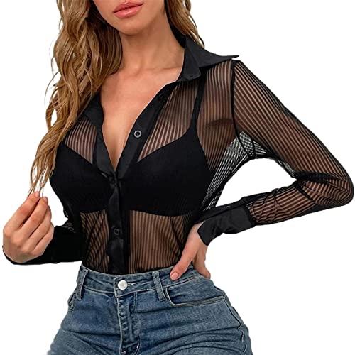 LOSSLO Netzoberteil Damen Sexy -Mesh Oberteil Netz Oberteil Frauen Langarm Transparentes Sheer Mesh Top Langarmshirt mit Knöpfen Netzstoff Shirtnetz Oberteile Netzshirt T-Shirt Bluse Club Party Tops von LOSSLO