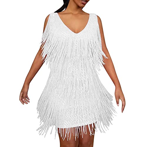 LOSSLO Partykleid Damen mit Quaste,Minikleid Sexy Kleid Neckholder 1920er Fransenkleid mit Träger Flapper Kleider Festkleider für Frauen Fasching Party Karneval Kostüm Strandkleid Kurz von LOSSLO