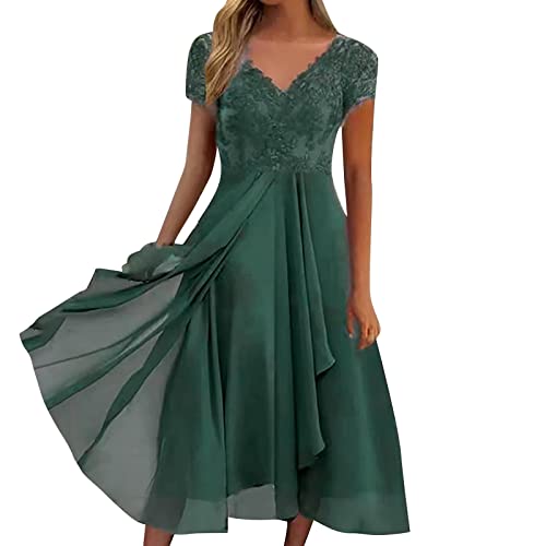 Spitzen Kleider Damen Elegant V-Ausschnitt Chiffonkleid Mode Spize Strandkleid Kurzarm Lange Abendkleider Partykleid Lässig Locker Midikleid von LOSSLO