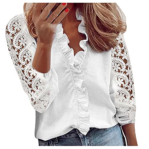 Spitzenbluse Damen Weiß -Spitzen Oberteile Damen,Bluse Damen Kurzarm Einfarbig Hemdbluse mit Rollkragen T Shirt Halbarm Blumen Teil-Transparent Spitzentop Tunika Hemd Blusen & Tuniken für Frauen von LOSSLO