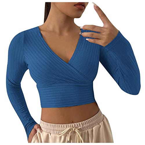 Strick Oberteil Damen Crop Top ,Langarmshirt Damen V-Ausschnitt,Stricktop Damen Weiß Strickpullover Enge Tshirts Bauchfreie Tops Einfarbig Bluse Elegant Pullover Wickeloberteil für Frauen Herbst von LOSSLO