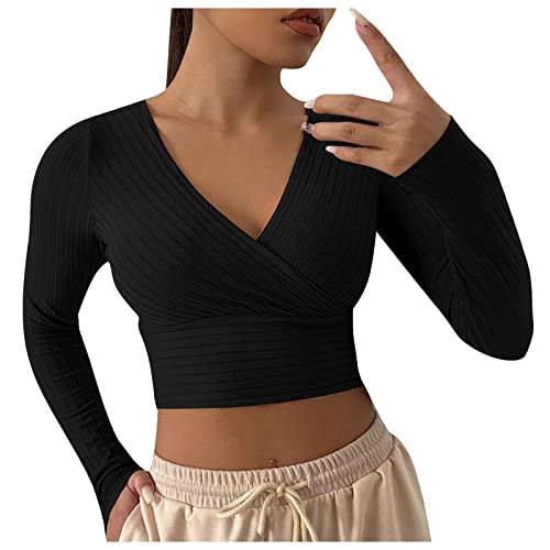 Strick Oberteil Damen Crop Top ,Langarmshirt Damen V-Ausschnitt,Stricktop Damen Weiß Strickpullover Enge Tshirts Bauchfreie Tops Einfarbig Bluse Elegant Pullover Wickeloberteil für Frauen Herbst von LOSSLO