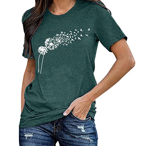 T-Shirt Damen Sommer,Pusteblume Drucken T Shirt Damen Kurzarm- Sport Tshirt Fitness Rundhals Bluse Elegant Brief Gedruckt Lässig Tee Shirts Oberteile Basic Tops Blusen für Mädchen Teenager von LOSSLO