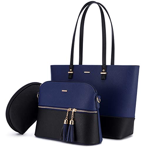 LOVEVOOK Handtasche Damen Schultertasche Handtaschen Tragetasche Damen Groß Designer Elegant Umhängetasche Henkeltasche Set 3-teiliges Set, Blau Schwarz… von LOVEVOOK