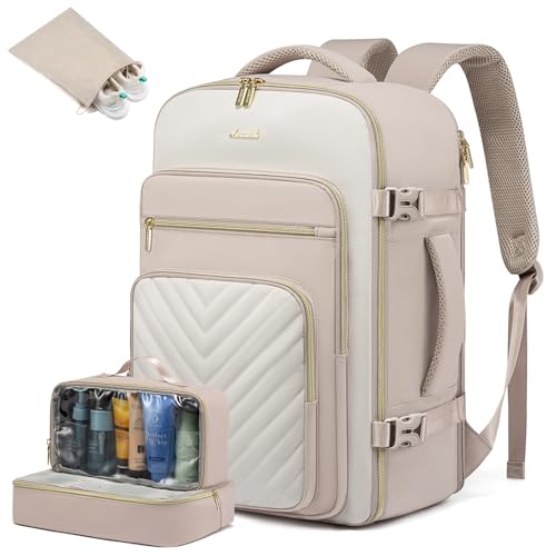 LOVEVOOK Reiserucksack Handgepäck Flugzeug, 40L Rucksack Damen Groß, Wasserdicht Laptop Rucksack 17 Zoll mit Laptopfach, Travel Backpack Handgepäck Tasche für Reise Arbeit Wandern, Hellkhaki Beige von LOVEVOOK