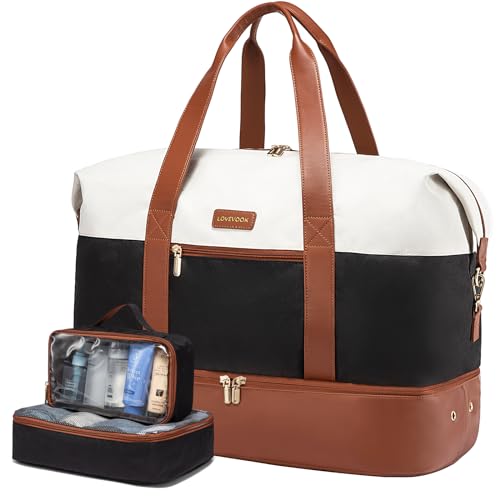 LOVEVOOK Reisetasche Damen, Weekender Damen Kliniktasche Geburt, Handgepäck Tasche Für Flugzeug, Sporttasche Garment Duffle Bag Travel Bag mit Schuhfach, Beige Braun Schwarz von LOVEVOOK