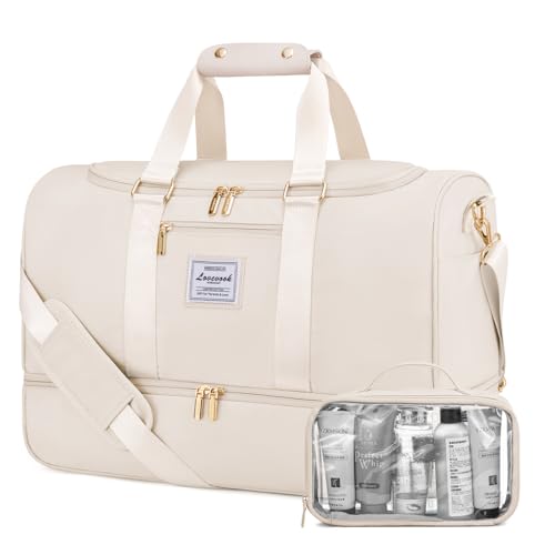 LOVEVOOK Sporttasche Reisetasche Damen, Weekender Travel Duffle Bag mit Kulturtasche, Schuhfach & Nassfach, Wasserdicht Gym Bag Carry on Bag, Handgepäck Tasche für Sport Reisen Flugzeug, Beige von LOVEVOOK