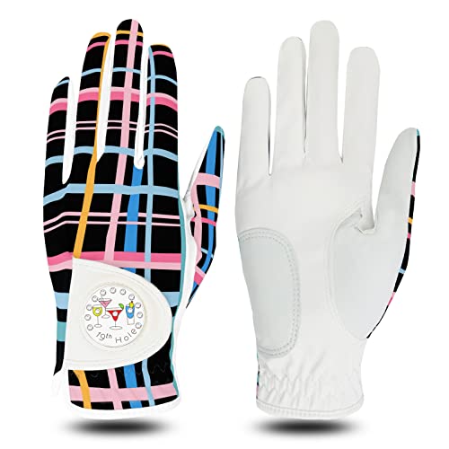 Golf Handschuhe Frauen linke rechte Hand Leder Mehrere Druckfarben und -stile mit Ball Marker Value Pack, farbiger Handschuh für Damen Rechte linke Hand Golfer All Weather (Schwarz, XL, Links) von LOVMEAD