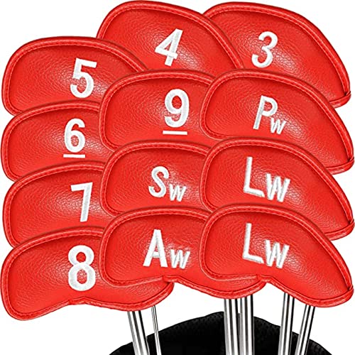 Golf Schlägerhauben Eisen Golfschläger Schlägerkopfhüllen Wert 12 Stück Set, Iron Club Head Covers Schwarz Blau Rot mit Gedruckter Nummer, Kunstleder Golfschlägerhaube Headcover für Aller Marken von LOVMEAD