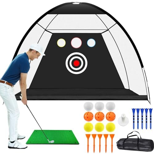 Golf Übungsnetz 3 m Chipping Netz Set Indoor Outdoor mit Golfmatte 10 Golf Übungsbälle 3 Tees Gummi, Training Golfnetz Driving Schlagnetz Faltbarer, Groß Hitting Practice Net (10x7ft mit 3 Löchern) von LOVMEAD