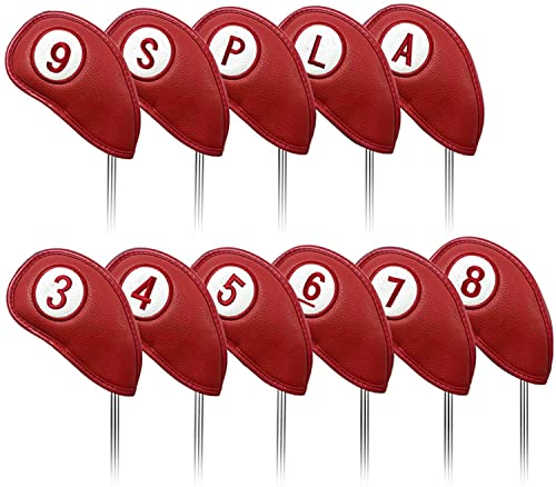 Golfschlägerhauben Set Wert 11 Stück für Golf Eisen, Kunstleder Deluxe Schlägerhauben Schwarz Blau Rot Golfschläger Covers, Professionell Langlebig Schlägerkopfhüllen Passen Alle Markenclubs (Rot) Golfschlägerhauben Set Wert 11 Stück für Golf Eisen, Kunstleder Deluxe Schlägerhauben Schwarz Blau Rot Golfschläger Covers, Professionell Langlebig Schlägerkopfhüllen Passen Alle Markenclubs (Rot) von LOVMEAD
