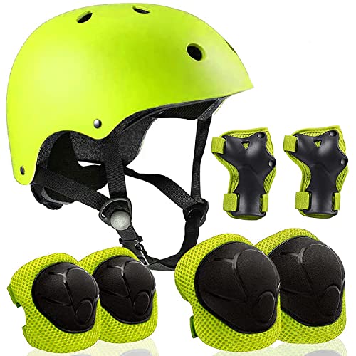 LOVMEAD 7 in 1 Schoner Set Kinder mit Helm für 3-8 Jahre, Einstellbar Protektoren Set Inliner Kinder mit Knieschoner Handgelenkschoner Ellenbogenschoner für Skate Skateboard Roller Radfahren (Grün) von LOVMEAD