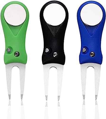 LOVMEAD 3 Stück Golf Pitchgabel mit Golfball-Marker, Faltbare Edelstahl Golf Divot Tool Golf Divot Reparatur Werkzeug, Golf Training Zubehör für Golf Reparaturzubehör (Schwarz+Grün+Blau 3 Stück) von LOVMEAD