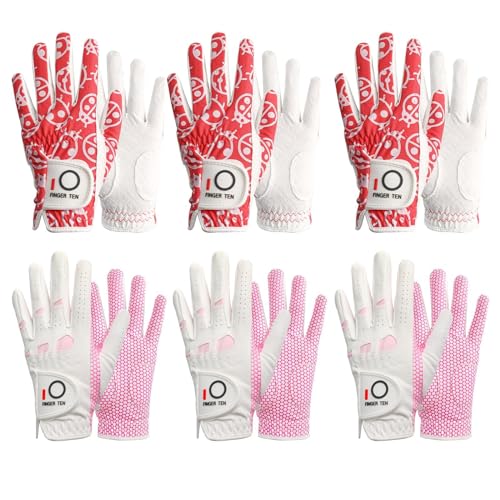 LOVMEAD Golf Handschuhe Damen Damen Linke Hand Griff Weathersof Value 6-Pack, Fit Größe Medium Small Large Pro Design (3 Rot&3 Weiß, M) von LOVMEAD