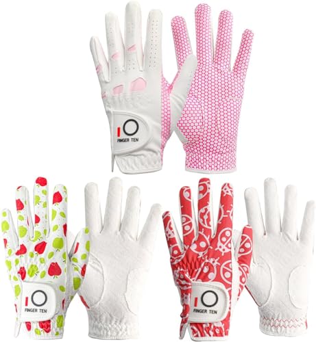 LOVMEAD Golf Handschuhe Damen Linke Hand für Rechtshänder Griff Wettersof Wert 3-Pack, Fit Größe Medium Small Large Pro Design (Grün/Rot/Weiß, S) von LOVMEAD