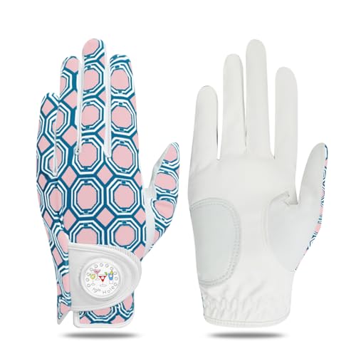 LOVMEAD Golf Handschuhe Frauen Linke rechte Hand Leder Mehrere Druckfarben und -Stile mit Ball Marker Value Pack, Farbiger Handschuh für Damen Rechte Linke Hand Golfer All Weather (Rosa, M, Rechts) von LOVMEAD