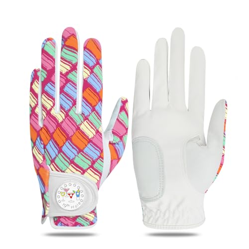 LOVMEAD Golf Handschuhe Frauen Linke rechte Hand Leder Mehrere Druckfarben und -Stile mit Ball Marker Value Pack, Farbiger Handschuh für Damen Rechte Linke Hand Golfer All Weather (Rot, XL, Links) von LOVMEAD