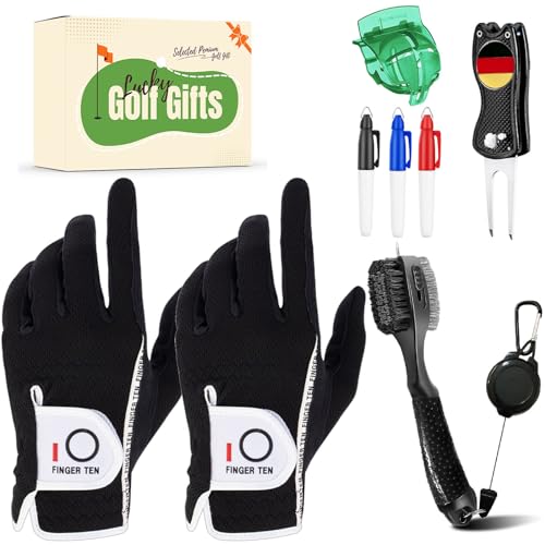 LOVMEAD Golf Handschuhe Männer Linke Hand Regen Griff Schwarz Grau Weiß 2-Pack mit Geschenkbox, Golf Handschuhe mit Divot Tool Ball Marker Pinsel Golf Ball Line Set (Schwarz, M) von LOVMEAD