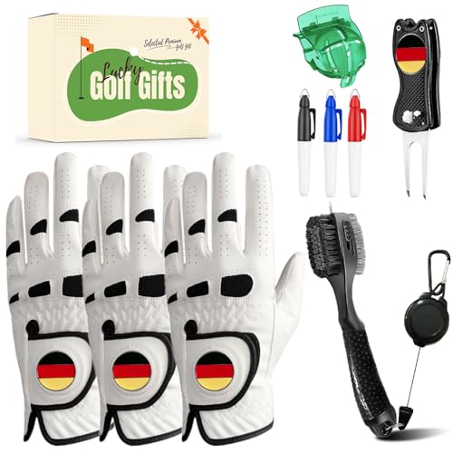 LOVMEAD Golf Handschuhe Männer Linke Hand mit Ball Marker für Rechtshänder Golfer 3-Pack und Pinsel Divot Tool Ball Marker Golf Ball Line Value Set mit Geschenkbox für Golfer Geschenke (Beige, S) von LOVMEAD