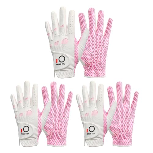 LOVMEAD Golf-Handschuhe für Damen für Links- oder Rechtshänder, 3er-Pack, passend für Größe M, S, L, Profi-Design, Rot und Grün und Rosa (Weiß&Rosa, S) von LOVMEAD