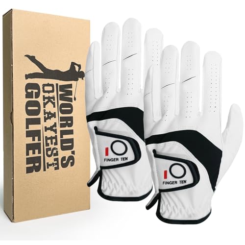 LOVMEAD Golfhandschuhe Herren Links Hand 2 Stück mit Golf Geschenkbox, Golfhandschuh Wettersof Leder Griffig Weich Passform Handschuh für Golfer Männer (Weiß, M/L) von LOVMEAD