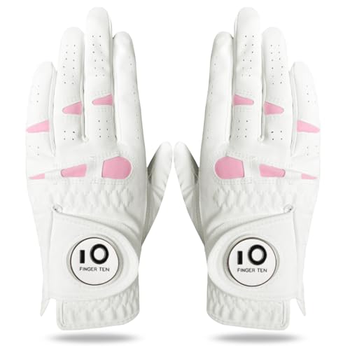 LOVMEAD Golfhandschuhe für Damen mit Ballmarker für Linke und rechte Hand, Cabretta-Leder im Paar, Damen-Golf-Handschuh, Regen-Griff, Allwetter-weich, bequem, flexibel (Rosa, XL) von LOVMEAD