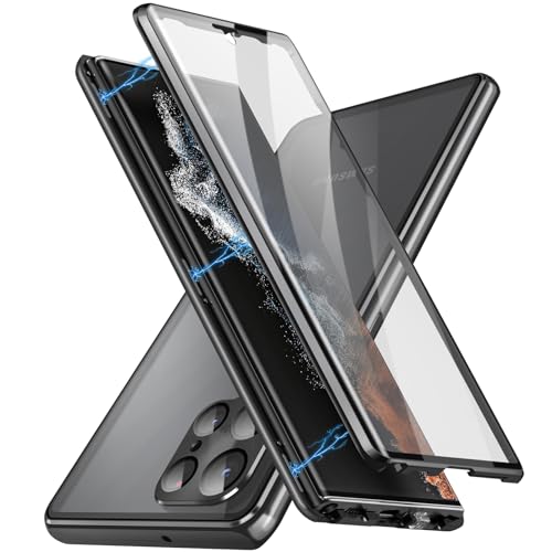 Hülle für Samsung Galaxy S24 Ultra/S24 Plus/S24, Metallrahmen 360 Grad Handyhülle Gehärtetes Glas Aluminium Rahmen Magnet Transparent Case mit Kameraschutz,Black,S24 von LOXO CASE