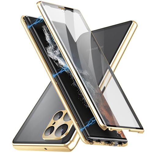 Hülle für Samsung Galaxy S24 Ultra/S24 Plus/S24, Metallrahmen 360 Grad Handyhülle Gehärtetes Glas Aluminium Rahmen Magnet Transparent Case mit Kameraschutz,Gold,S24 Ultra von LOXO CASE