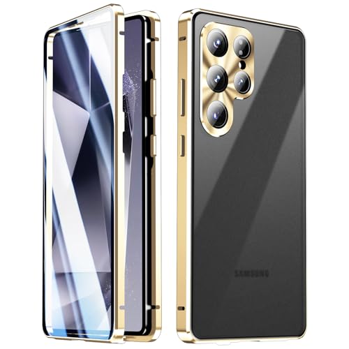 Hülle für Samsung Galaxy S25 Ultra, 360-Grad-Rundumschutz, Doppelseitiges Transparentes Case, Magnetische Adsorption, Metallrahmenabdeckung mit Sicherheitsschloss,Gold von LOXO CASE