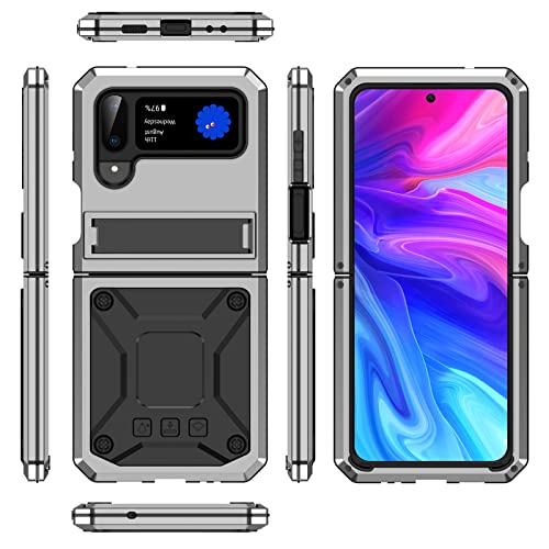 Hülle für Samsung Galaxy Z Flip 3 5G /Z Flip 4 5G, Robust Metall Stoßfest Outdoor Handy Case Militärstandard Schutzhülle mit Ständer für Samsung Galaxy Z Flip3 5G/Z Flip4 5G,Silver von LOXO CASE