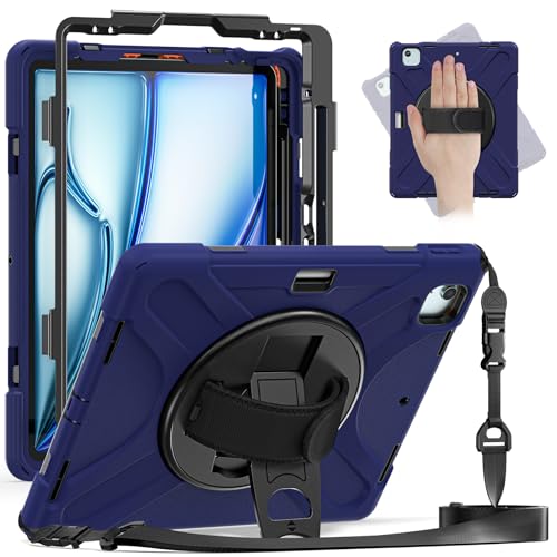 Hülle für iPad Air 13 Zoll M2 (2024), [3-lagig] Stoßfestes, Robustes Case in Militärqualität mit Stifthalter/360° Drehbarem Ständer/Handschlaufe/Schultergurt,Dark Blue von LOXO CASE