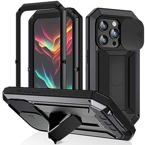 Hülle für iPhone 15/15 Pro/15 Plus/15 Pro Max, Robust Metall Stoßfest Hülle mit Kameraschutz Outdoor Handy Case Militärstandard Schutzhülle mit Displayschutz & Ständer,Black,iPhone15 ProMax von LOXO CASE