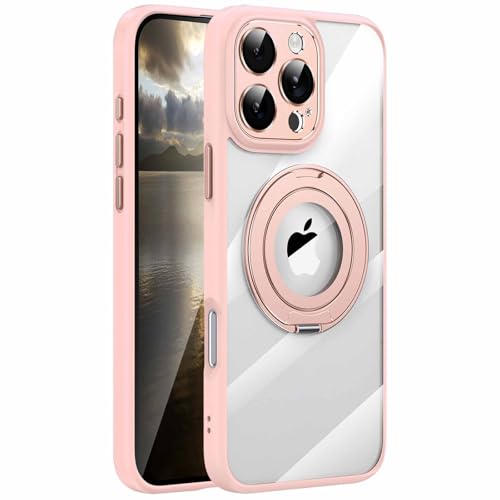 Hülle für iPhone 16 Pro Max/16 Pro/16 Plus/16, Stoßfestes Magnetisches Transparentes Case mit 360° Drehbarem Ständer, Integriertem Kameraobjektivschutz,Pink,16 Pro von LOXO CASE