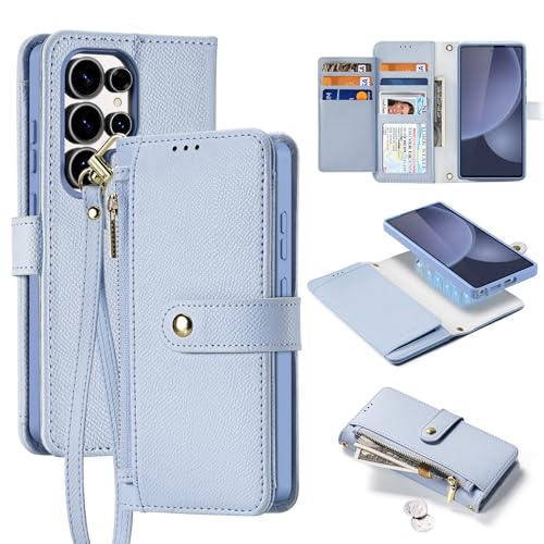 LOXO CASE Abnehmbare Brieftaschen-Hülle Aus Leder für Samsung Galaxy S25 Ultra/S25 Plus/S25, RFID-Blockierung, Mehrere Kartenfächer, Münzfach mit Reißverschluss,Blue,S25 Ultra von LOXO CASE