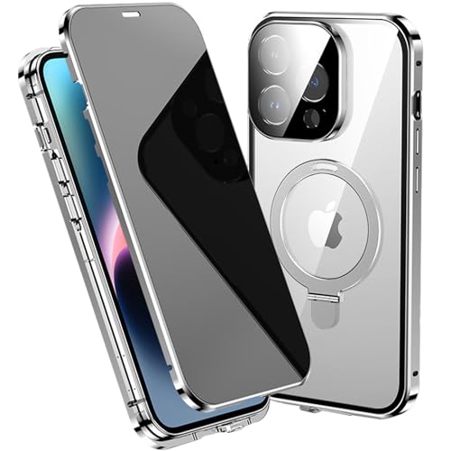 LOXO CASE Anti-Peeping Hülle für iPhone 15/15 Pro/15 Plus/15 Pro Max, Doppelseitige Magnetische Adsorptionshülle und Metallrahmen mit Unsichtbarem Ständer [kompatibel mit MagSafe],Silver,15 von LOXO CASE