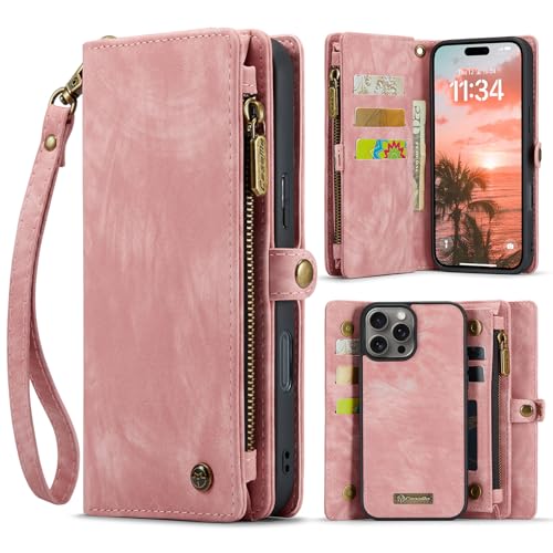 LOXO CASE Brieftaschenhülle für iPhone 16/16 Plus/16 Pro/16 Pro Max, PU-Leder-Handyhülle mit Magnetverschluss und Reißverschlussriemen, RFID-Blockierung, für Damen und Herren,Pink,16 Plus von LOXO CASE