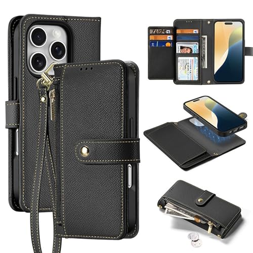 LOXO CASE Brieftaschenhülle für iPhone 16 Pro Max/16 Pro/16 Plus/16, Abnehmbare Lederhülle mit Kartenfächern, Münzfach mit Reißverschluss und Umhängegurt,Black,16 von LOXO CASE