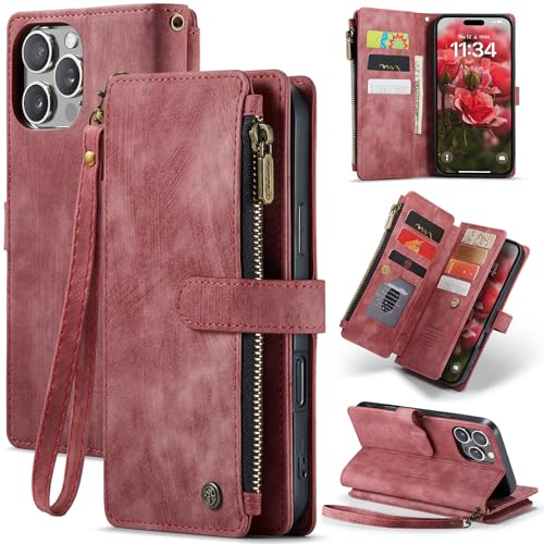 LOXO CASE Brieftaschenhülle für iPhone 16 Pro Max/16 Pro/16 Plus/16, Hochwertige Handgefertigte PU-Lederhülle mit Kartenfächern, Reißverschlussfach und Ständer, Magnetverschluss,Red,16 Pro von LOXO CASE