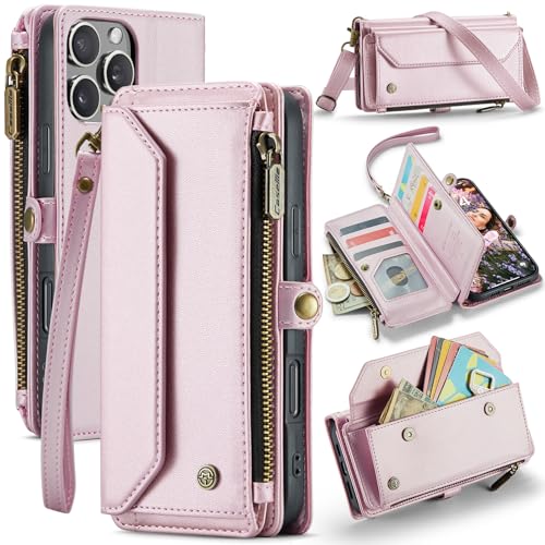 LOXO CASE Crossbody-Brieftaschenhülle für iPhone 16 Pro Max/16 Pro/16 Plus/16, PU-Leder mit 7 Kartenfächern, Magnetischem Druckknopf, Schultergurt, Reißverschlusstasche, Handyhülle,Pink,16 Plus von LOXO CASE