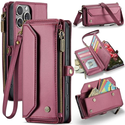 LOXO CASE Crossbody-Brieftaschenhülle für iPhone 16 Pro Max/16 Pro/16 Plus/16, PU-Leder mit 7 Kartenfächern, Magnetischem Druckknopf, Schultergurt, Reißverschlusstasche, Handyhülle,Red,16 Pro Max von LOXO CASE