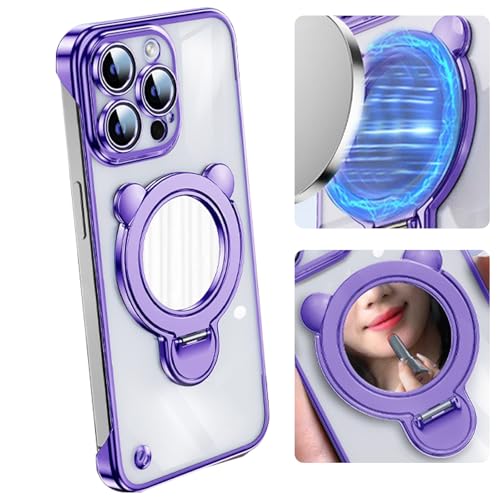 LOXO CASE Handyhülle mit Schminkspiegel für iPhone 15/15 Pro/15 Pro Max, Rahmenloses Design mit 360° Drehbarem Ständer [kompatibel mit MagSafe], Vollständiger Kameraschutz,Purple,15 von LOXO CASE