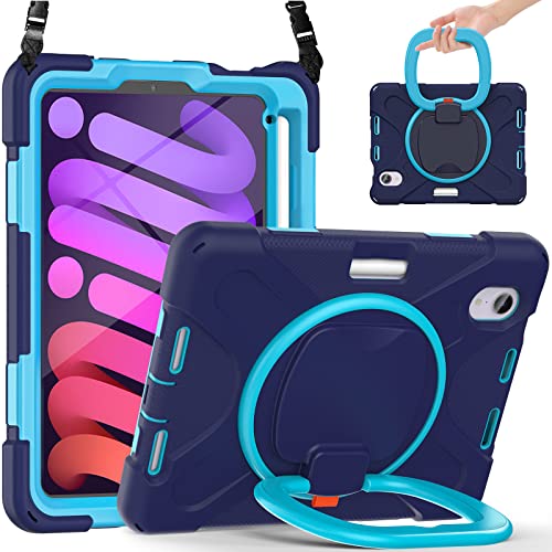 LOXO CASE Hülle für 2024 iPad Mini 7 & 2021 iPad Mini 6, 3-lagige, Stoßfeste, Robuste Hybrid-Schutzhülle mit 360° Drehbarem Handständer/Stiftehalter/Schultergurt,Navyblue Blue von LOXO CASE